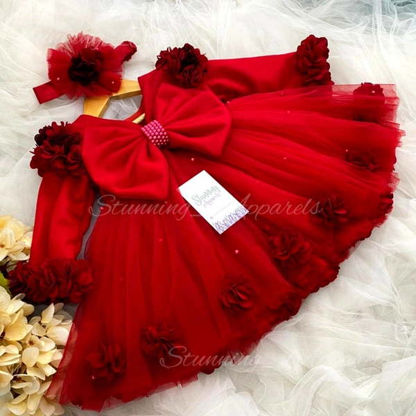 Long Sleeves Red Flower Work Red Partywear  Frock 