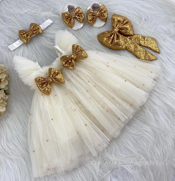 Golden Sequins  Bow Partywear  Cream Umbrella  Frock  