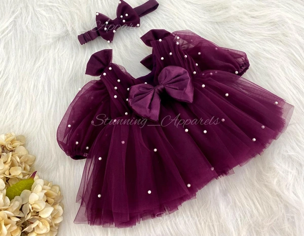 Long Puff Sleeves With Pearls Work Partywear  Wine Frock 