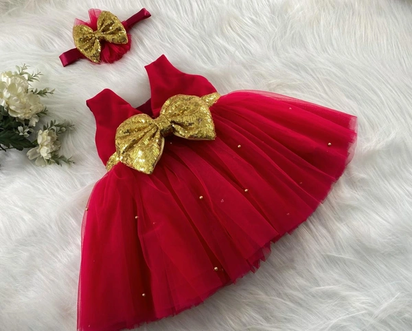 Golden Sequins  Bow Partywear  Red Frock 