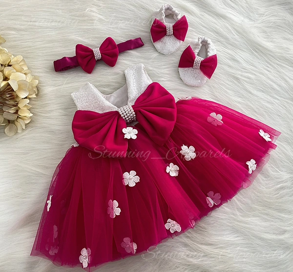 White Flower Work Magenta Pink Partywear Frock  