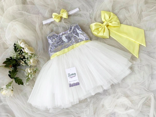 Lemon Yellow Belted Bow Partywear  White Frock 