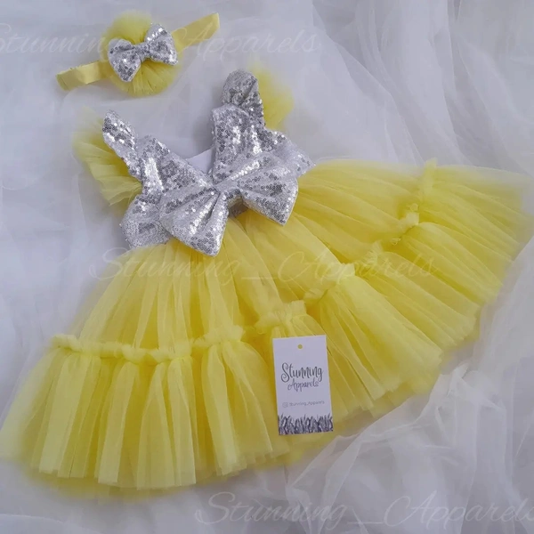 Silver Sequins  Bow Partywear Lemon Yellow Frock 