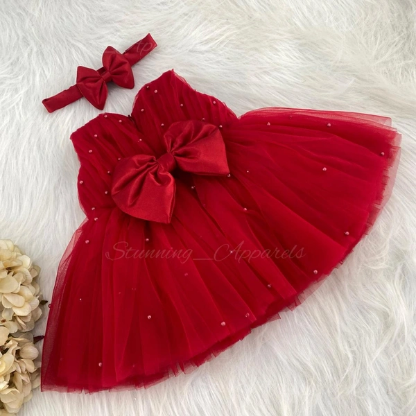 Satin Bow Pearls Work Partywear Red Frock 