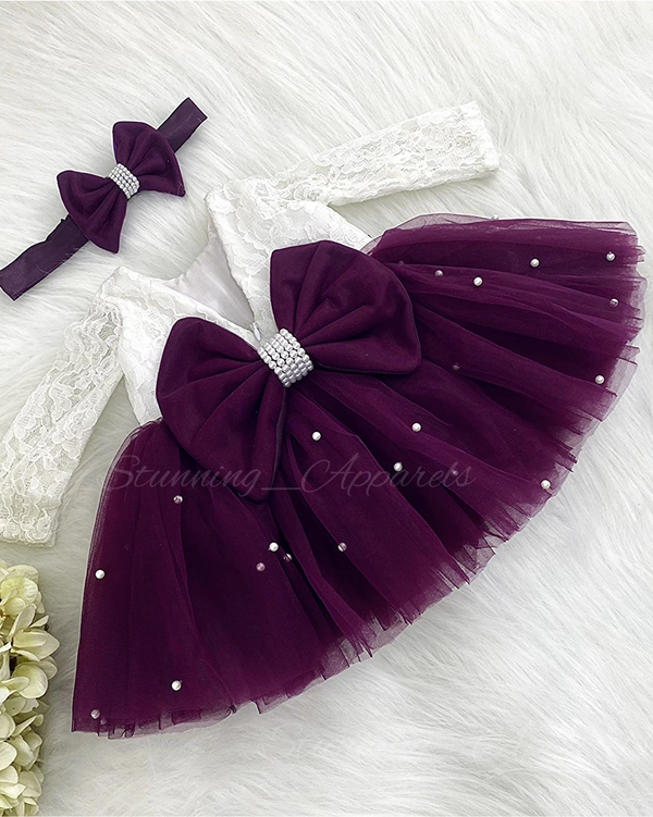 Long Sleeves White Pearls Work Partywear Wine Frock 