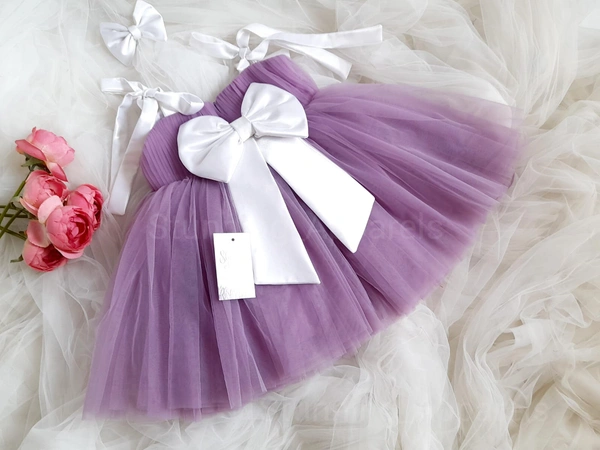 White Satin Bow Sweetheart Neck Patywear Lilac Frock 