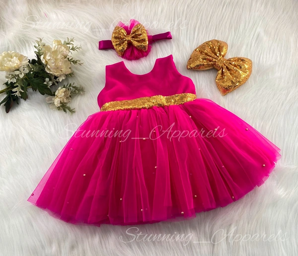Golden Sequins Bow Partywear Magenta Frock