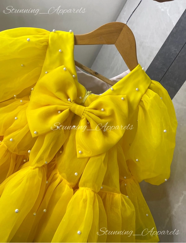 White Pearls Work Ruffled Partywear Yellow Frock 