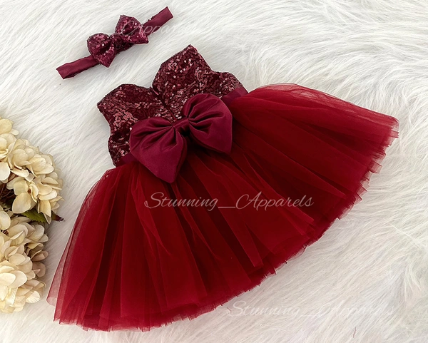 Satin Belted Bow Partywear Maroon Frock 