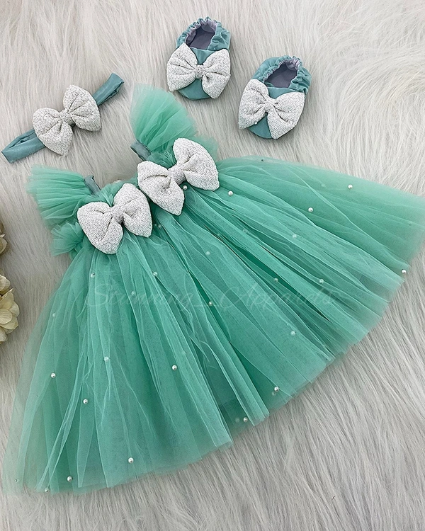 Pearls Work Partywear Umbrella Sea Green Frock (shoes Available  0-3 Month To 1-2 Years ) 