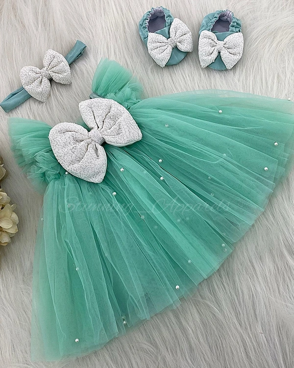Pearls Work Partywear Umbrella Sea Green Frock (shoes Available  0-3 Month To 1-2 Years ) 