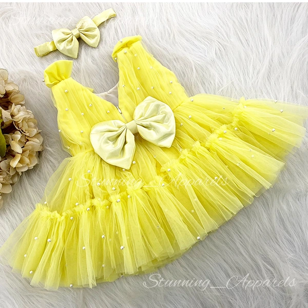 White Pearls Work Ruffked Partywear Yellow Frock 