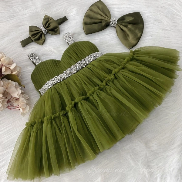 Sweetheart Hand Work Partywear Designer Olive Green Frock 