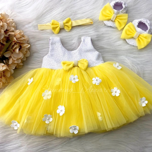White Flower Work Partywear Yellow Frock 