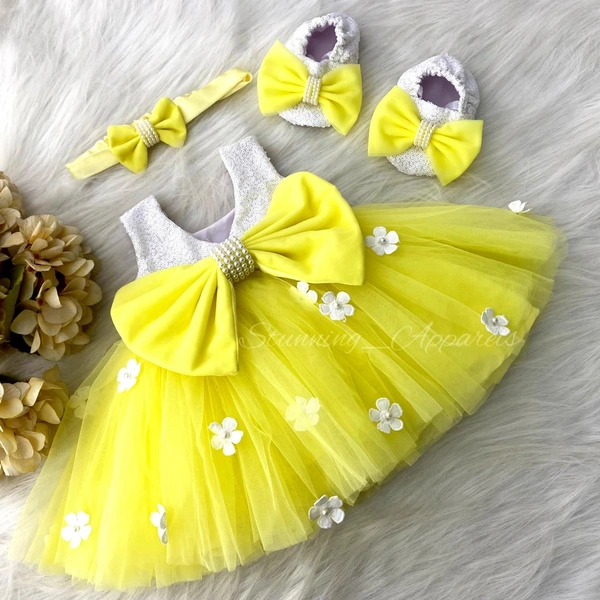 White Flower Work Partywear Yellow Frock 