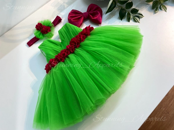 Magenta Flower Work Partywear Green Frock 