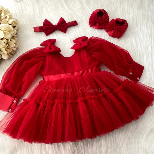 Long Cuff Sleeves Ruffled Partywear Red Frock 