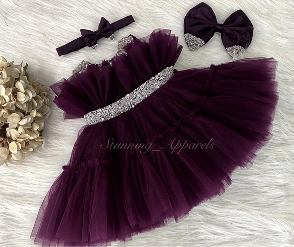 Hand Work Designer Partywear Wine Frock 