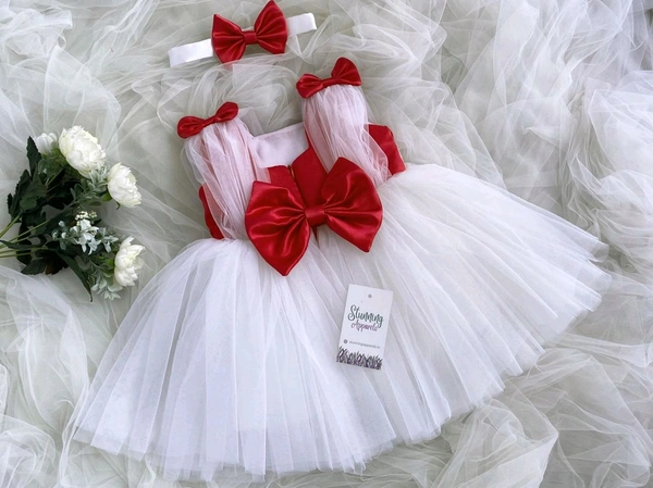 Shoulder Red Bow Partywear  White Frocm 