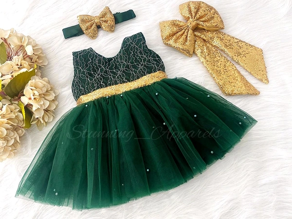 Golden Sequins  Bow Partywear  Green Dress For Christmas  