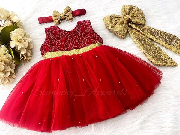 Golden Sequins  Bow Party Wear Red Christmas  Frock 