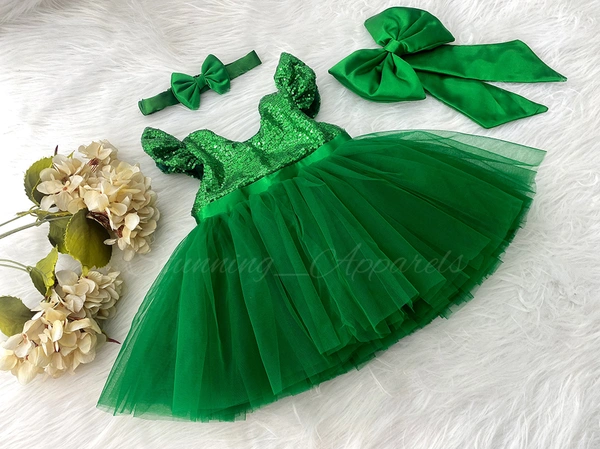 Green Sequins Ruffled Sleeves Christmas Green Dress 