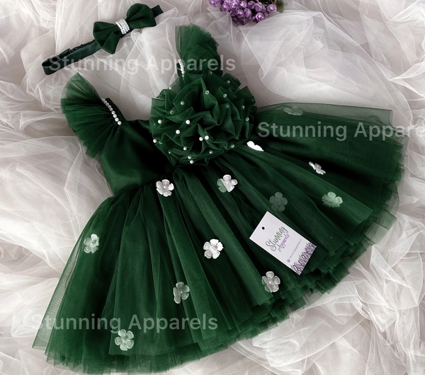 Strapped White Flower Partywear Dark Green Frock 