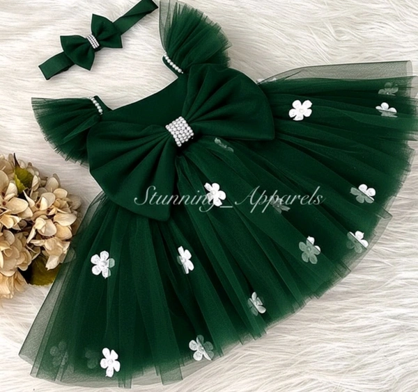Strapped White Flower Partywear Dark Green Frock 