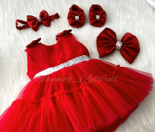 Shoulder Bow Party Wear Ruffled Red Dress 