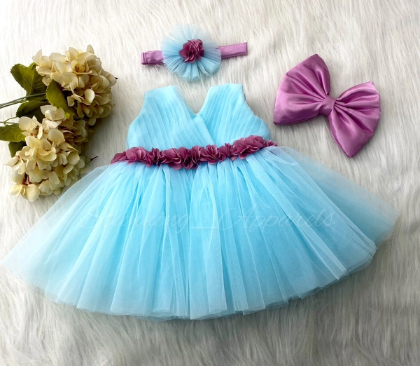 Waistline Dusty Pink Flower Work Partywear Sky Blue Frock 