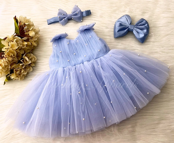 Shoulder Bow , Pearls Work Cute Party Wear Pastel Blue Frock 