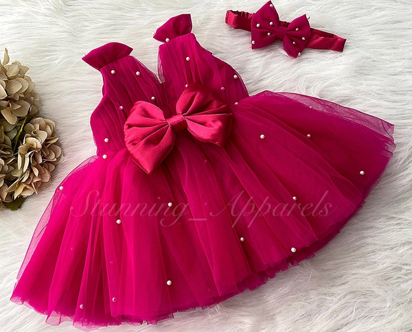 Shoulder Bow , Pearls Work Cute Party Wear Magenta Pink Frock 