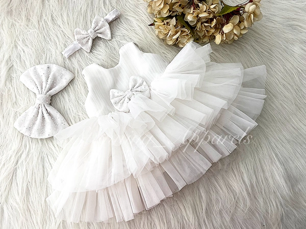 Double Folded Tree Layered Party Wear White Frock 