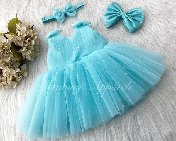 Shoulder Bow Pearls White Party Wear Sky Blue Frock 
