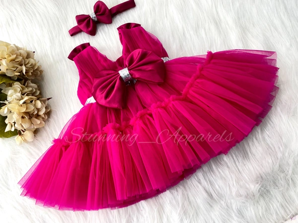 Shoulder Bow Party Wear Ruffled Magenta Dress 