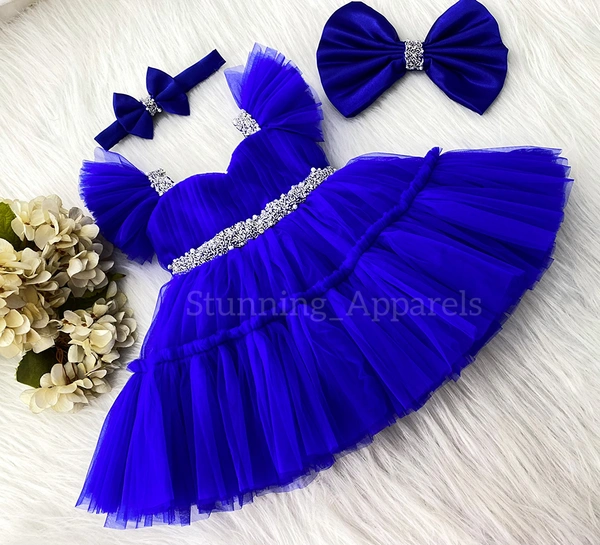 Sweetheart Neckline Ruffled Sleeves Hand Work Party Wear Royal Blue Dress 
