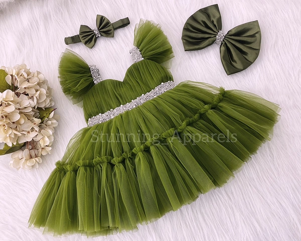 Sweetheart Neckline Ruffled Sleeves Hand Work Party Wear Olive Green Dress 
