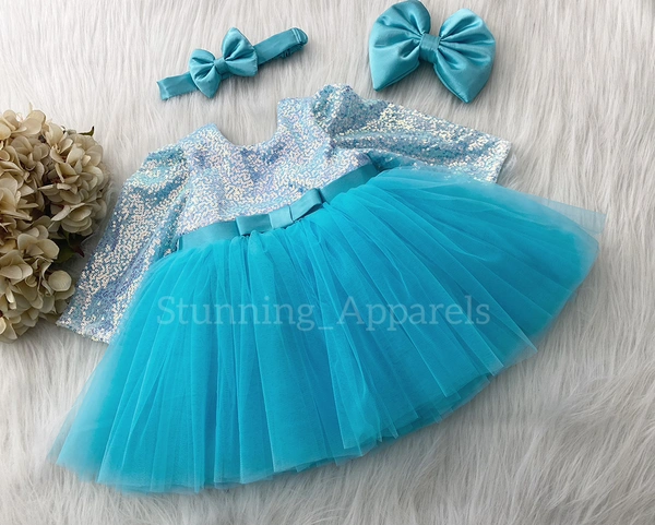 Long Sleeves , Belted Partywear Sky Blue Dress 