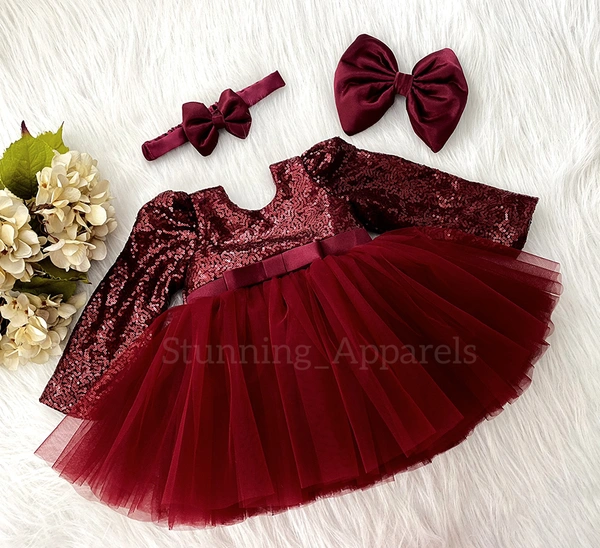 Long Sleeves , Belted Partywear  Maroon Dress 