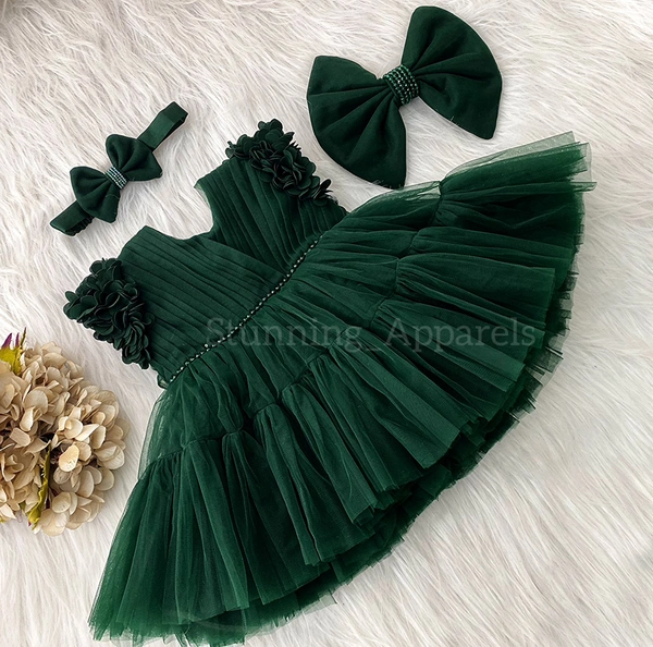 Cape Sleeves Flower Work Ruffled Green Dress 