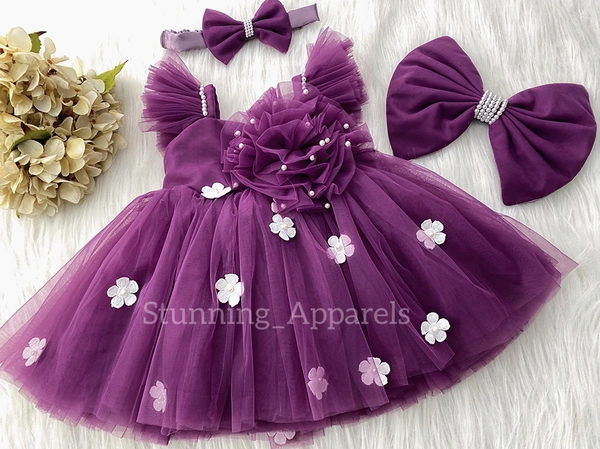 White Flower Straped Ruffled Deep Orchid Dress 