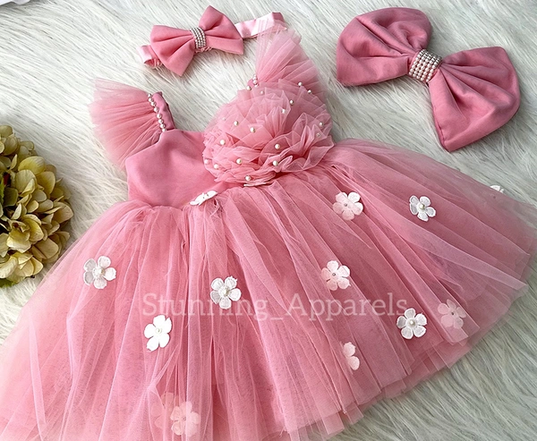 White Flower Straped Ruffled Peach Dress 