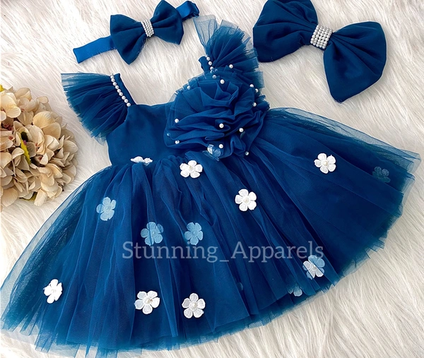 White Flower Work Strapped Ruffled Sleeves Teal Blue Dress 