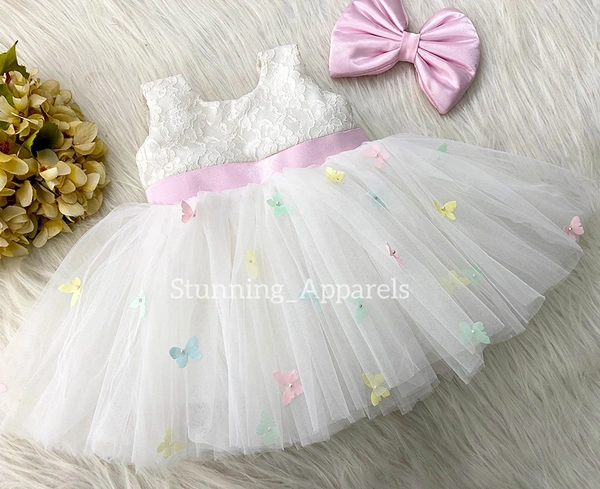 Baby Pink Satin Bow Butterfly Party Wear Dress 