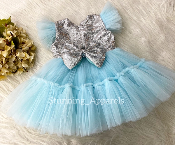 Silver Sequins Bow Party Wear Sky Blue Dress 