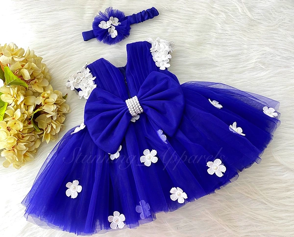 Cape Sleeves Flower Work Royal Blue Dress 