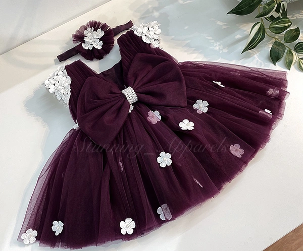 Cape Sleeves White Flower Work Wine Dress 