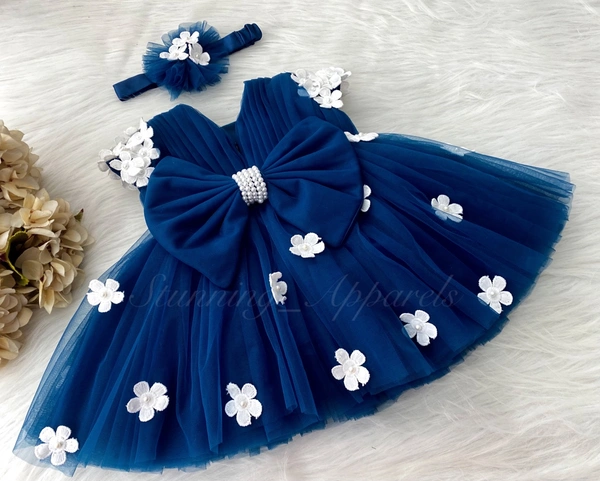 Cape Sleeves White Flower Work Teal Blue Dress 