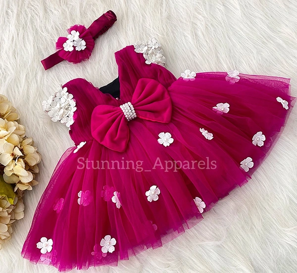 Cape Sleeves White Flower Work Magenta Pink Dress 
