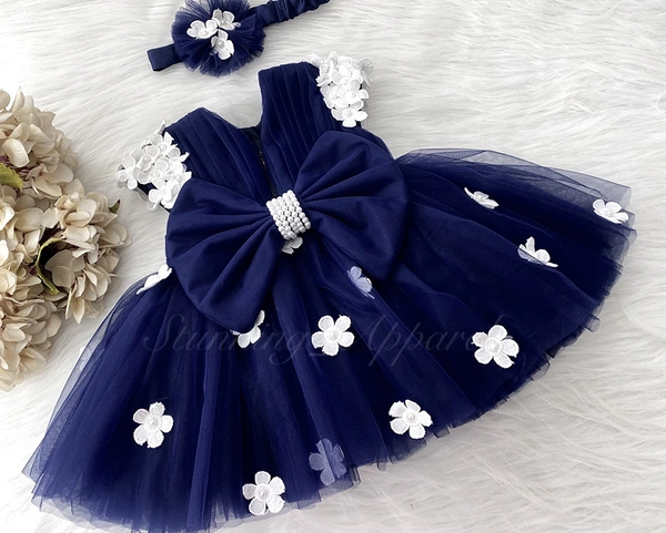 Cape Sleeves Flower Work Nevy Blue Dress 